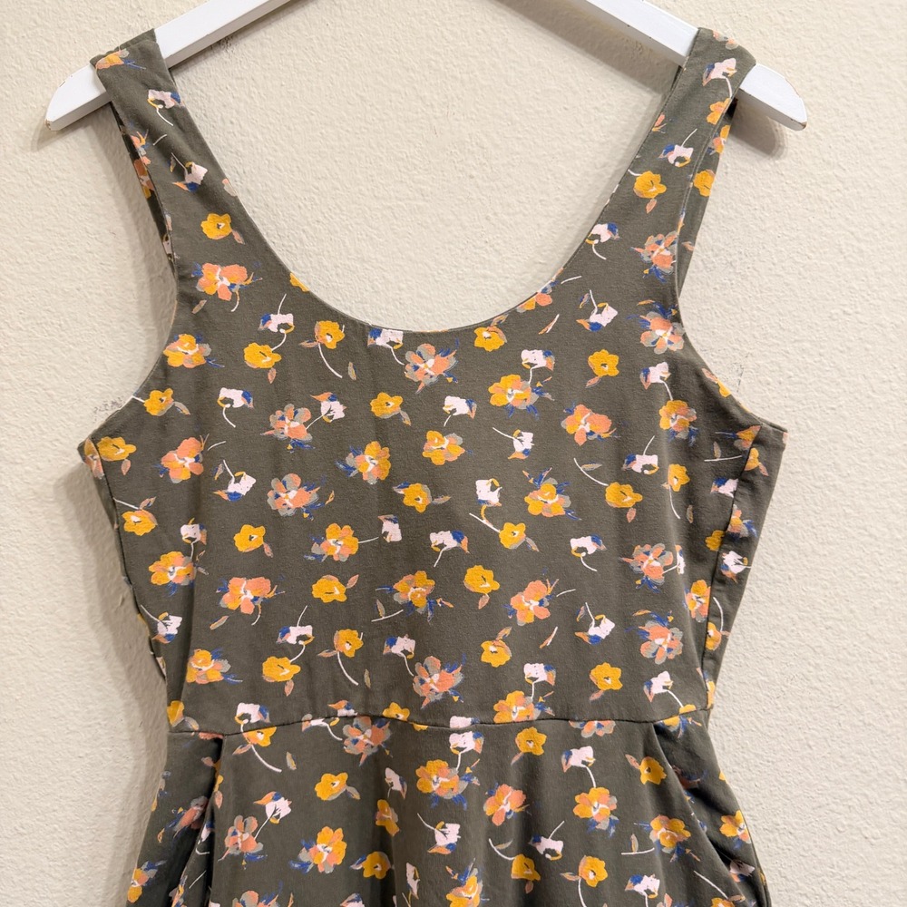 Pact Organic Cotton Fit and Flare Dress Olive Green Floral Tie Back Small - Picture 3 of 11
